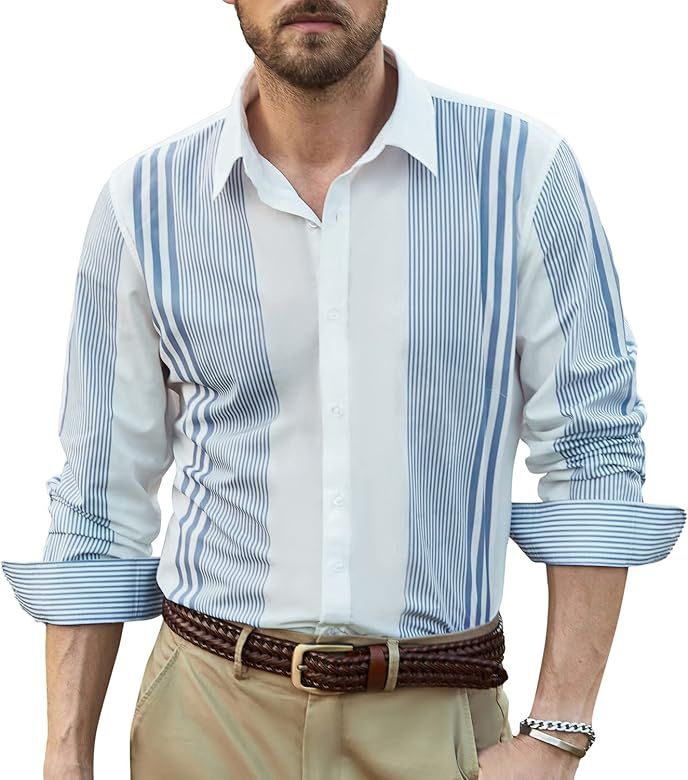 PJ PAUL JONES Men's Casual Long Sleeve Button Down Shirts Striped Dress Shirts | Amazon (US)