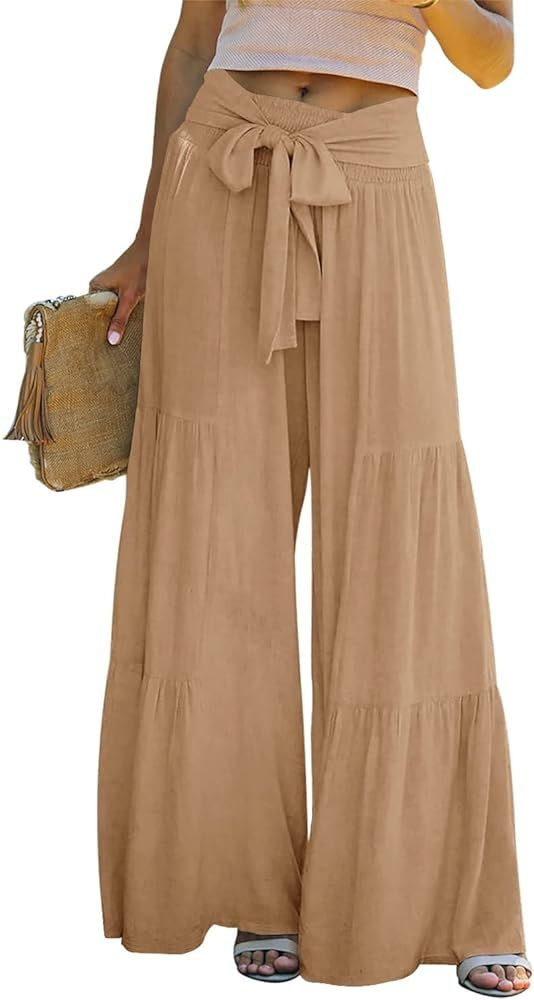 Lafural Women Summer High Waisted Cotton Linen Flare Palazzo Pants Beach Pant Long Bell Bottom Lo... | Amazon (US)