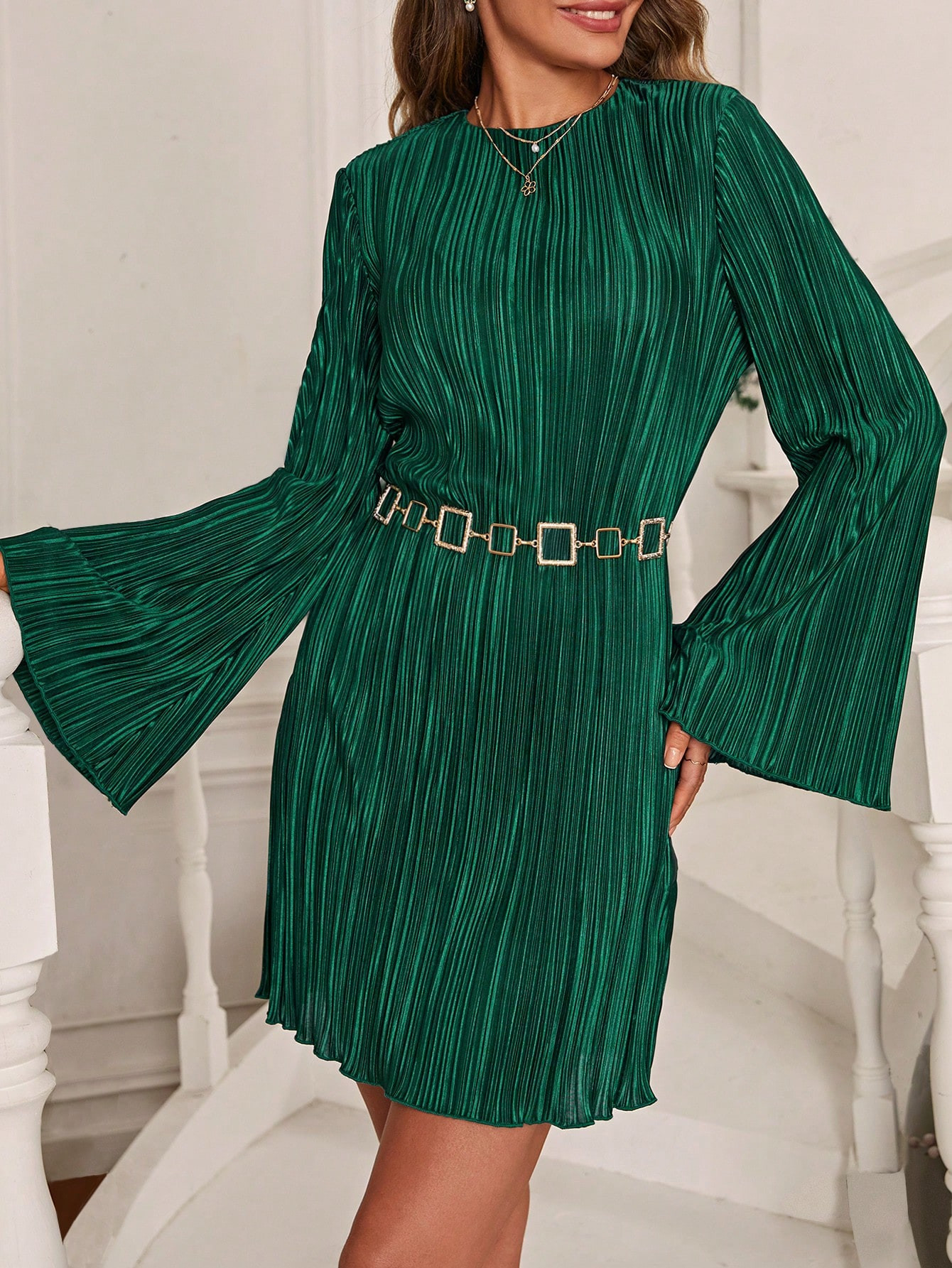 SHEIN Clasi Flare Sleeve Plisse Dress Without Belt | SHEIN