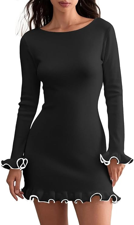 Cicy Bell Womens Ruffle Long Sleeve Mini Dress Bodycon Boat Neck Ribbed Knit Sweater Dresses Eleg... | Amazon (CA)