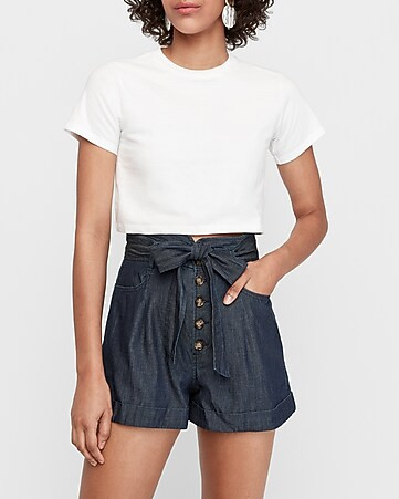 Super High Waisted Denim Sash Tie Shorts | Express