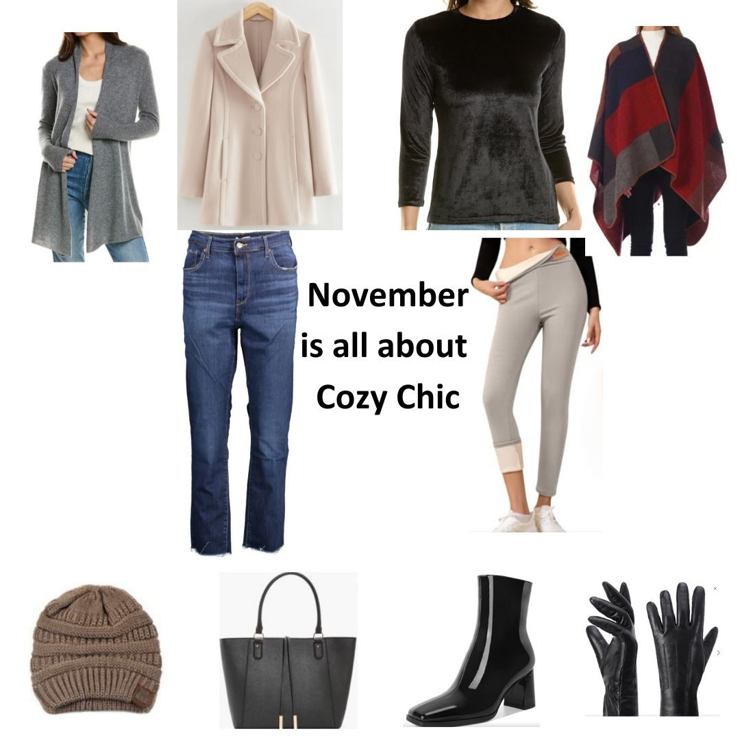 November  is all about  Cozy Chic
Cashmere cardigan
Wool coat
Velvet top
Dark jeans
Leather gloves
Ankle boots
Knit Beanie
Thermal leggings
Shawl or wrap
Structured tote bag 

 #LTKSeasonal #LTKStyleTip #LTKWorkwear