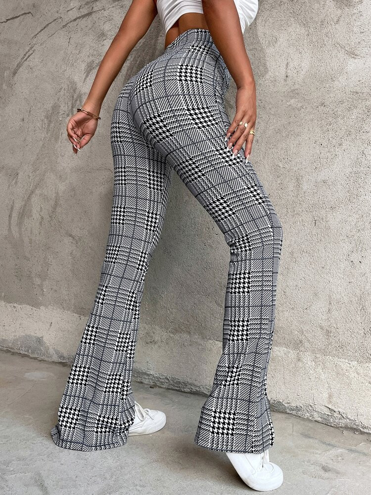 High Waist Glen Plaid Split Hem Flare Leg Pants | SHEIN