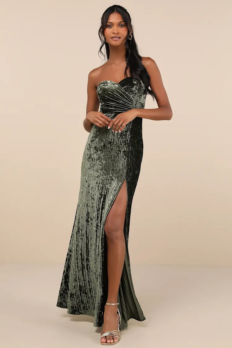Classy Sensation Olive Velvet Pleated Strapless Maxi Dress | Lulus