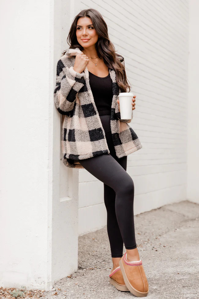 Back In Time Beige And Black Plaid Sherpa Shacket | Pink Lily