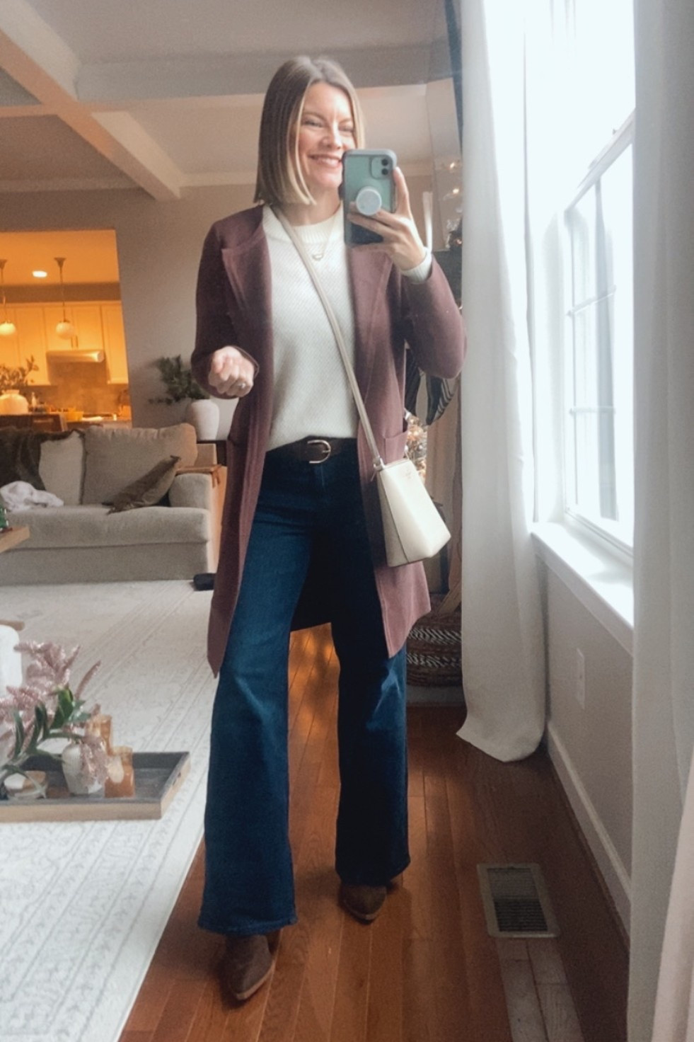 Sunday outfit of the day! 
Dark chocolate brown coatigan
Dark wash wide leg jeans
Kate Spade bag on sale (light sand color)
Ivory alpaca wool sweater (no longer available )

#LTKSaleAlert #LTKPetite #LTKOver40