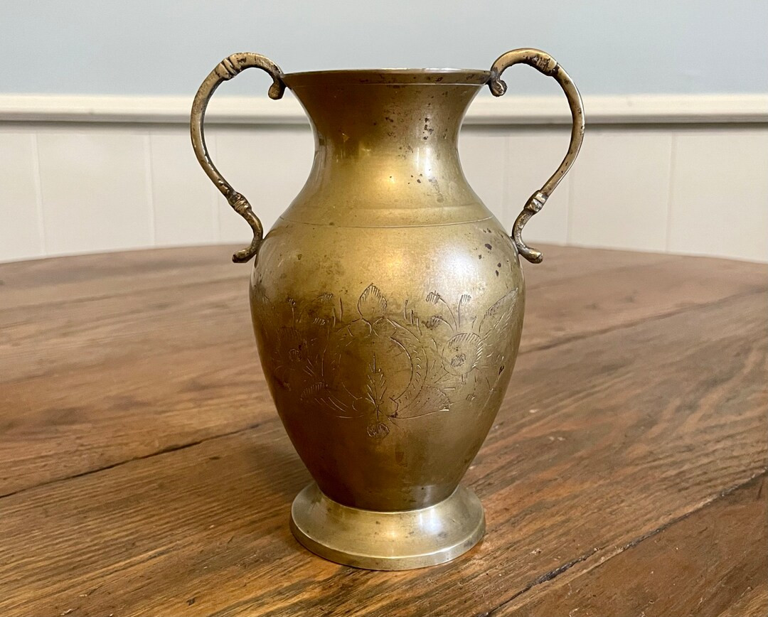 Etched brass vase urn with handles aged patina gold metal bohemian boho hippie Asian home decor | Etsy (US)
