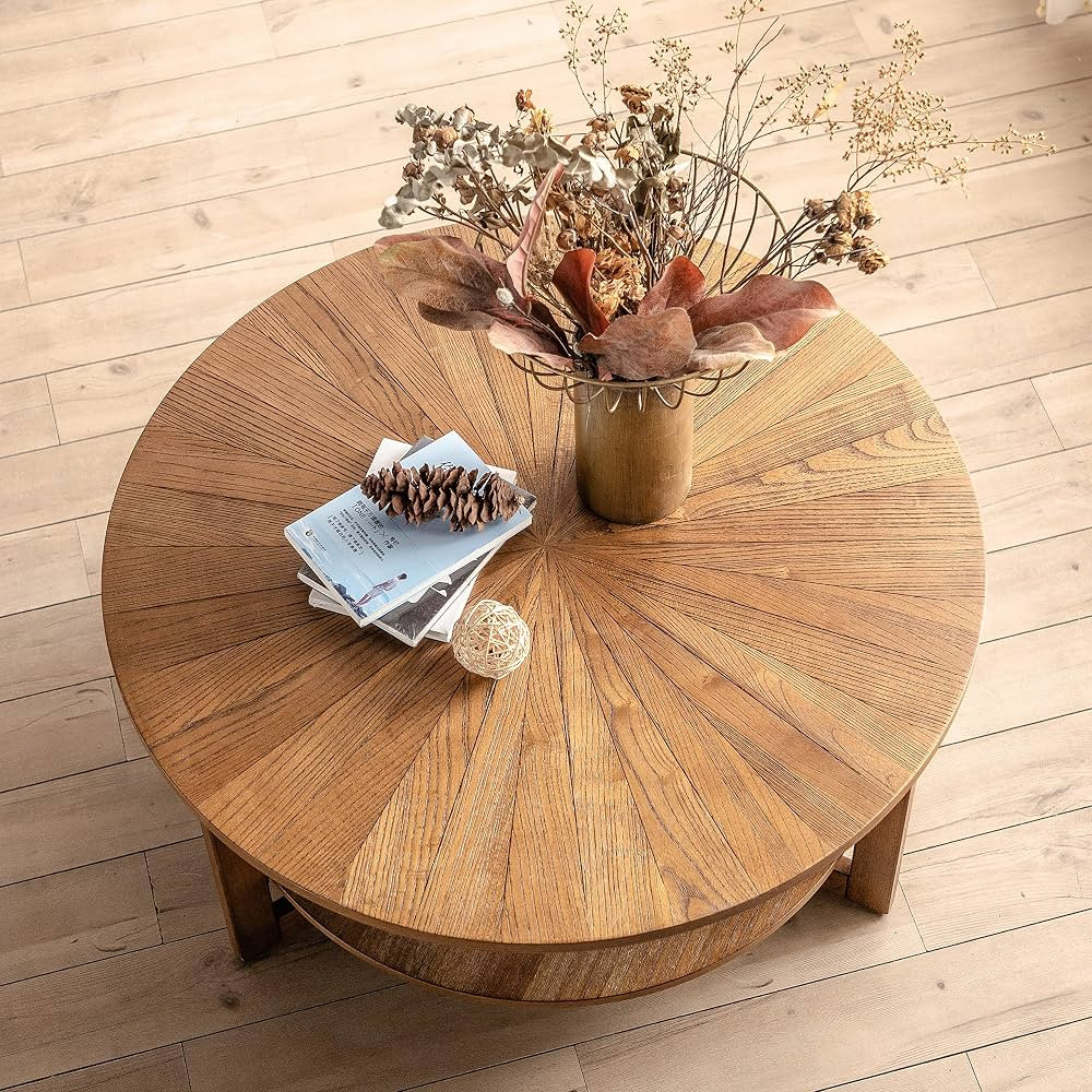 Wood Round Coffee Table for Living Room, 2 Tier Circle Coffee Table with Storage, Rustic Natural ... | Amazon (US)