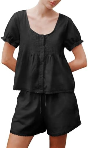Womens 2 Piece Short Sets Fashion Button Down Short Sleeve Lace Trim Pintuck Babydoll Top and Sho... | Amazon (US)