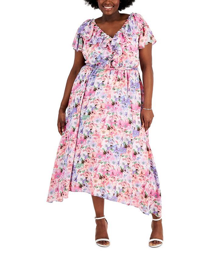 Taylor Plus Size Floral-Print Ruffled Midi Dress & Reviews - Dresses - Plus Sizes - Macy's | Macys (US)