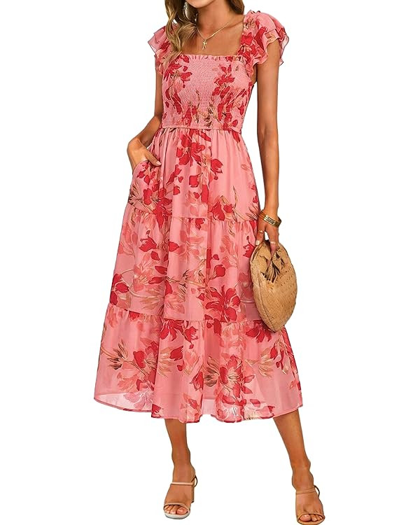 Simplee Women Floral Summer Sun Dress Flutter Sleeve Smocked Chiffon Midi Dress Casual Boho Flowy... | Amazon (US)