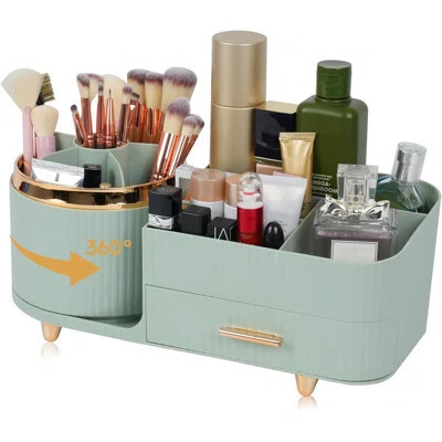 Makeup Organizer Countertop With Drawer 360 Rotating Brush Holder Storage Large Capacity Skincare Cosmetic Display Cases | Wayfair North America