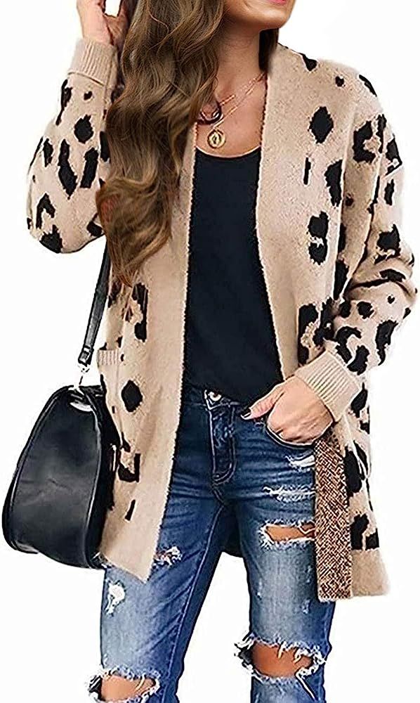 ZESICA Women's Long Sleeves Open Front Leopard Print Knitted Sweater Cardigan Coat Outwear with Pock | Amazon (US)