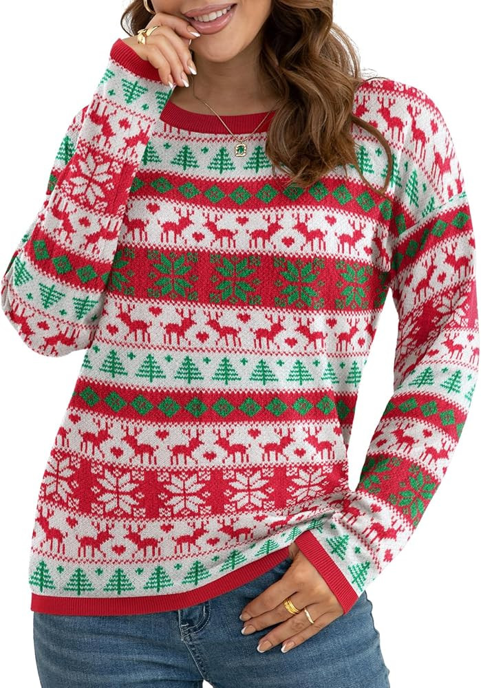 VIISHOW Women's Pullover Sweaters Long Sleeve Print Knitted Crew Neck Sweater Top, Amazon Women Tops | Amazon (US)