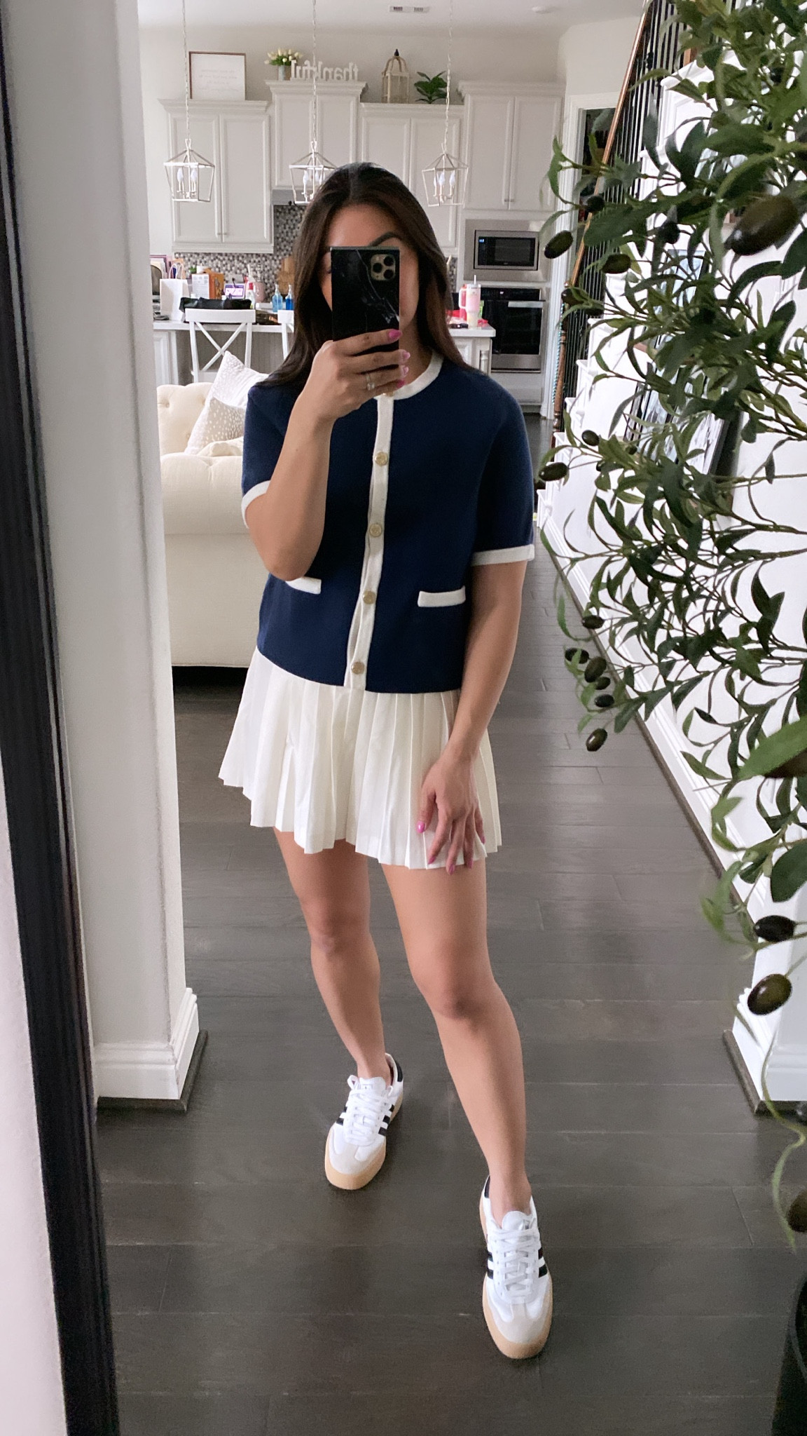Pleated skort + short sleeve cardigan 