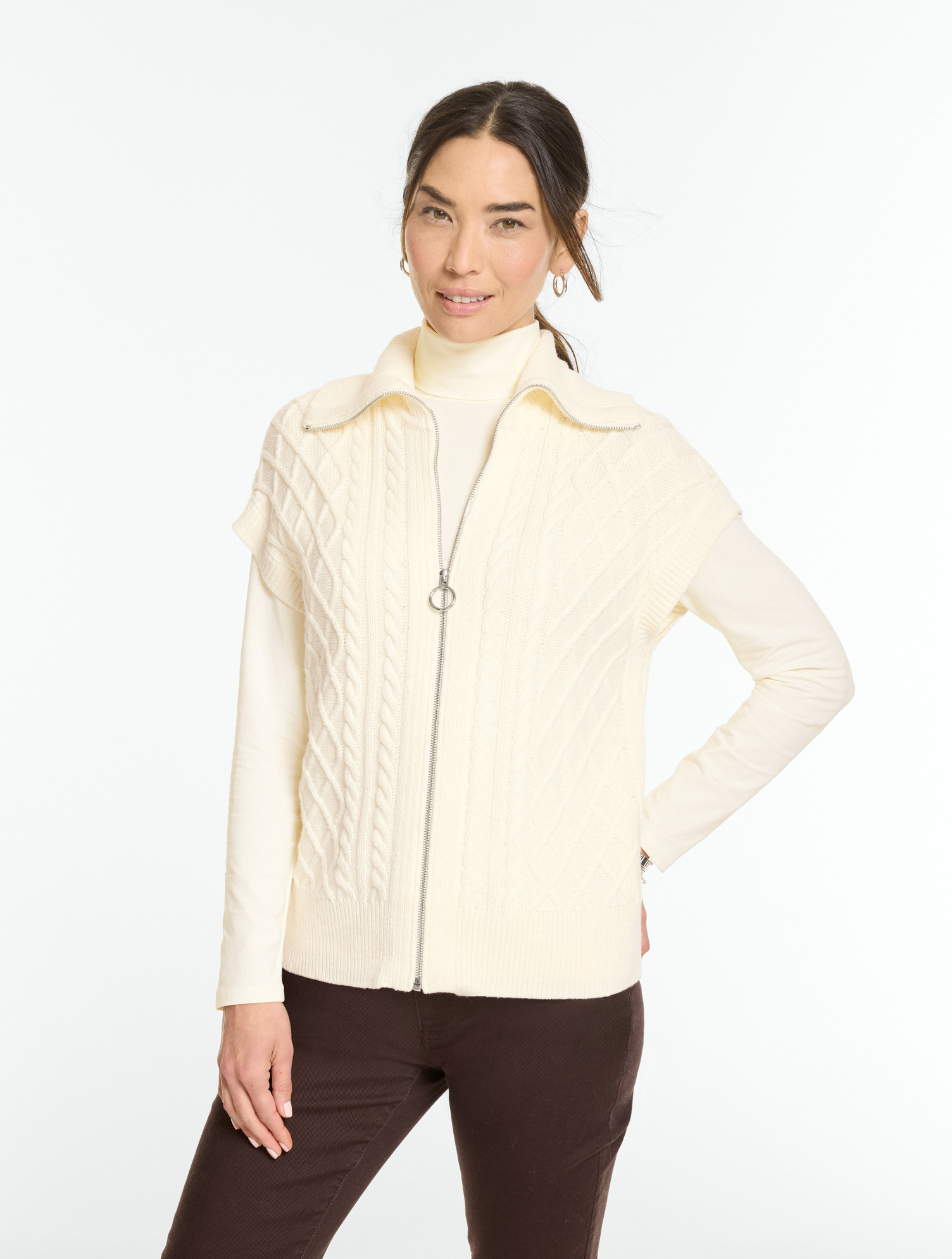 Petite - Cable Knit Full-Zip Sweater Vest - Ivory - 2XS Talbots | Talbots