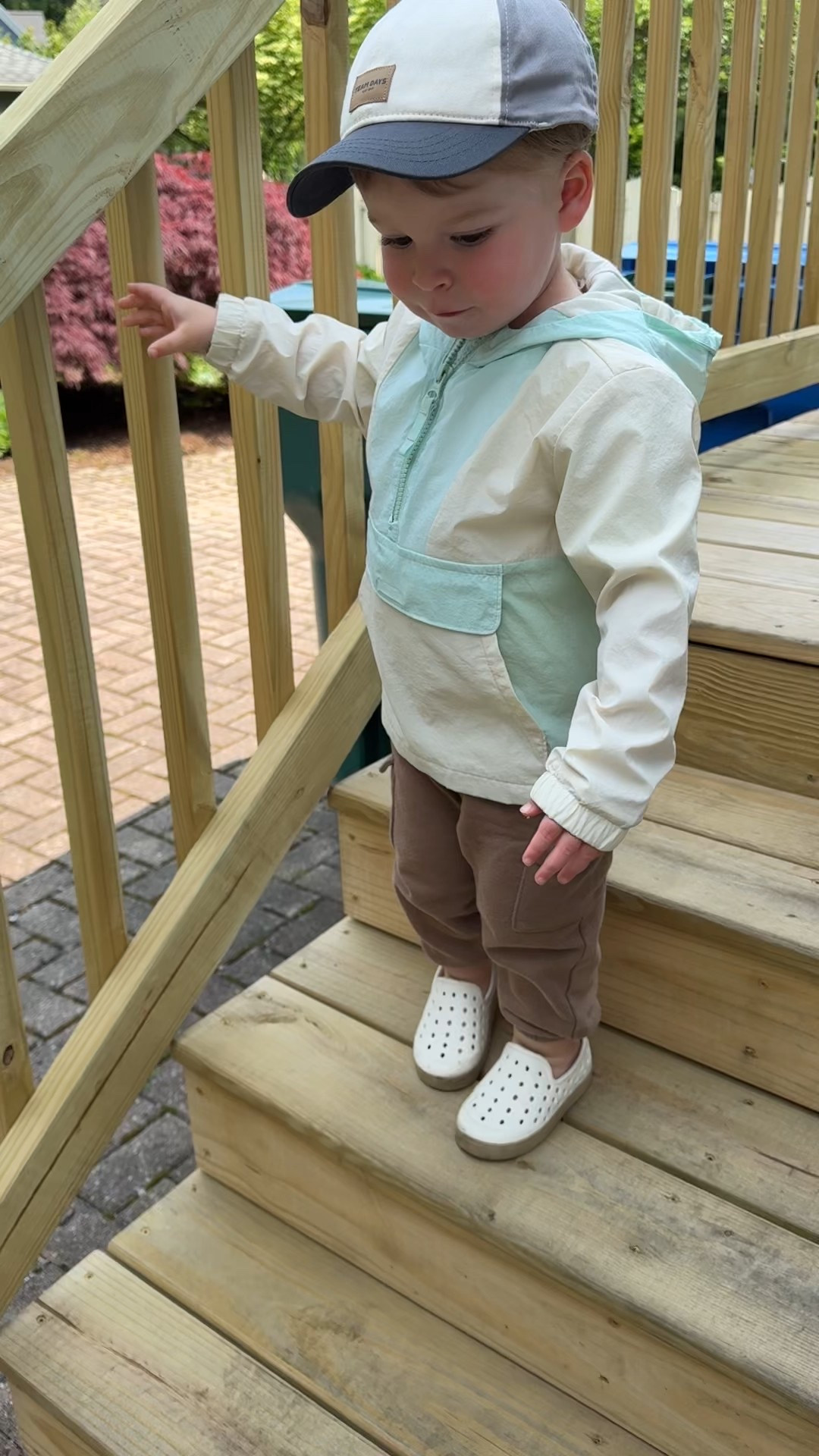 Cool morning playing outside! Toddler spring and summer must haves from Target H&M and old navy! Wind breaker sweatpants waterproof toddler shoes slip on little boy mostly 3T exact hat is sold out but linked same style