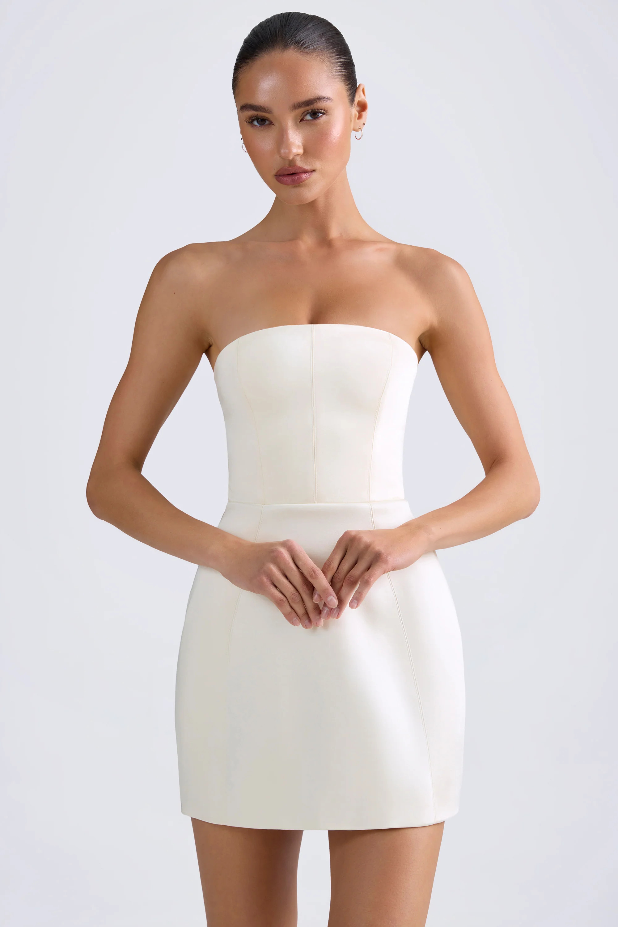Bandeau Structured Tulip Mini Dress in Ivory | Oh Polly
