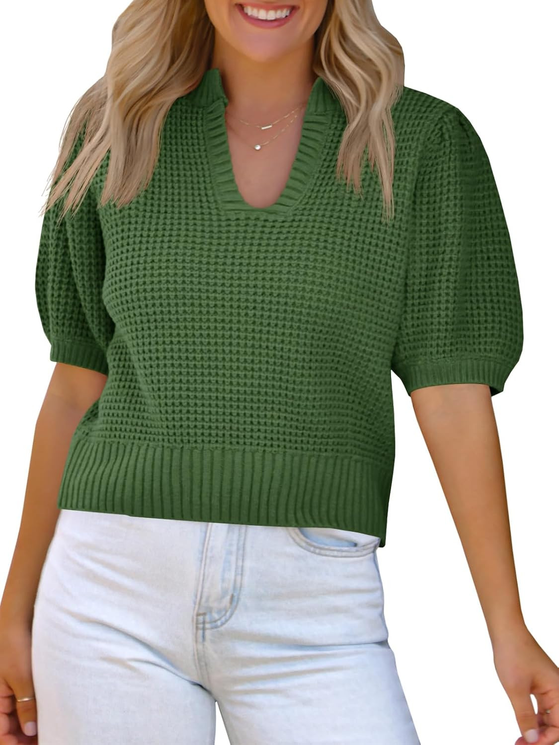 Saodimallsu Womens Puff Short Sleeve Sweater Top Waffle Knit V Neck Spring Summer Cropped Trendy Cute Shirts Blouses | Amazon (US)