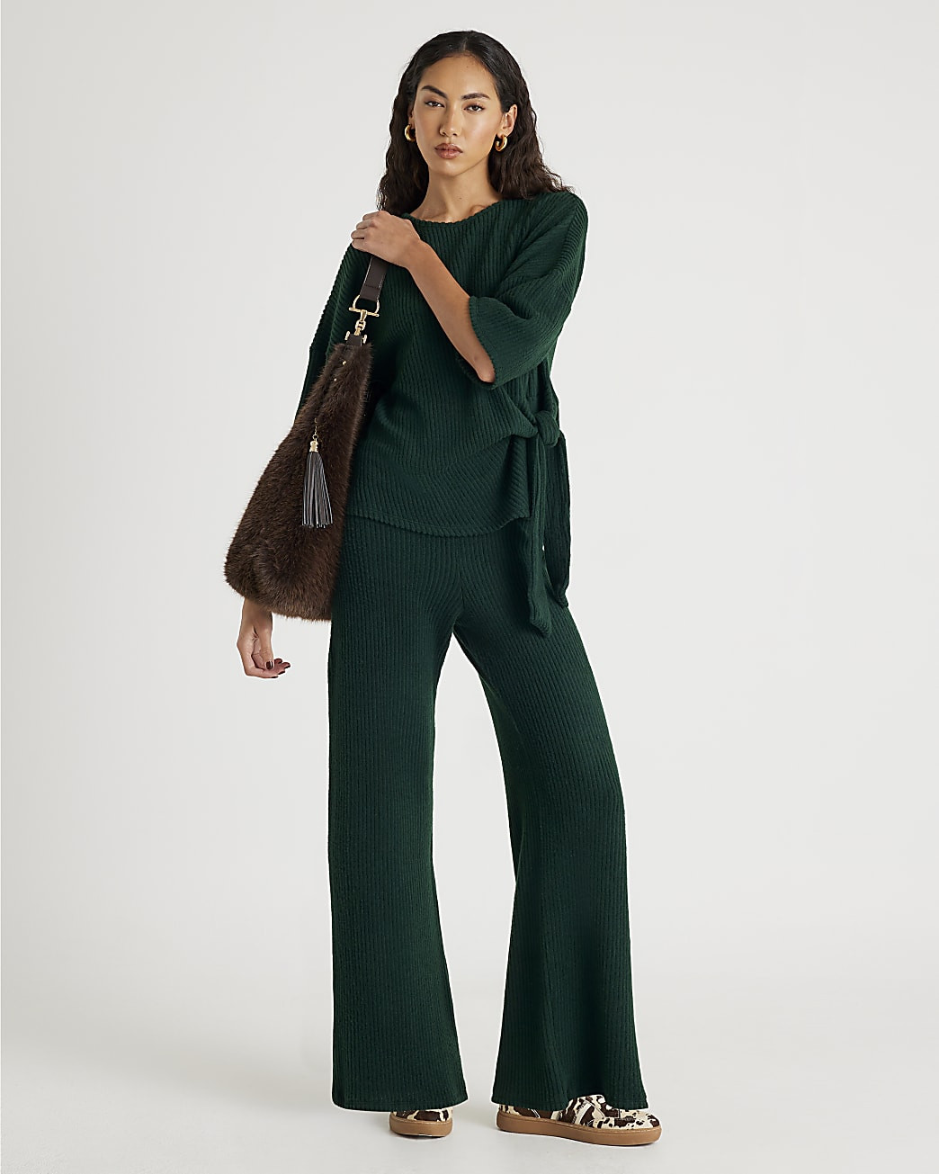 Khaki Ribbed wide leg Trousers | River Island UK & IE