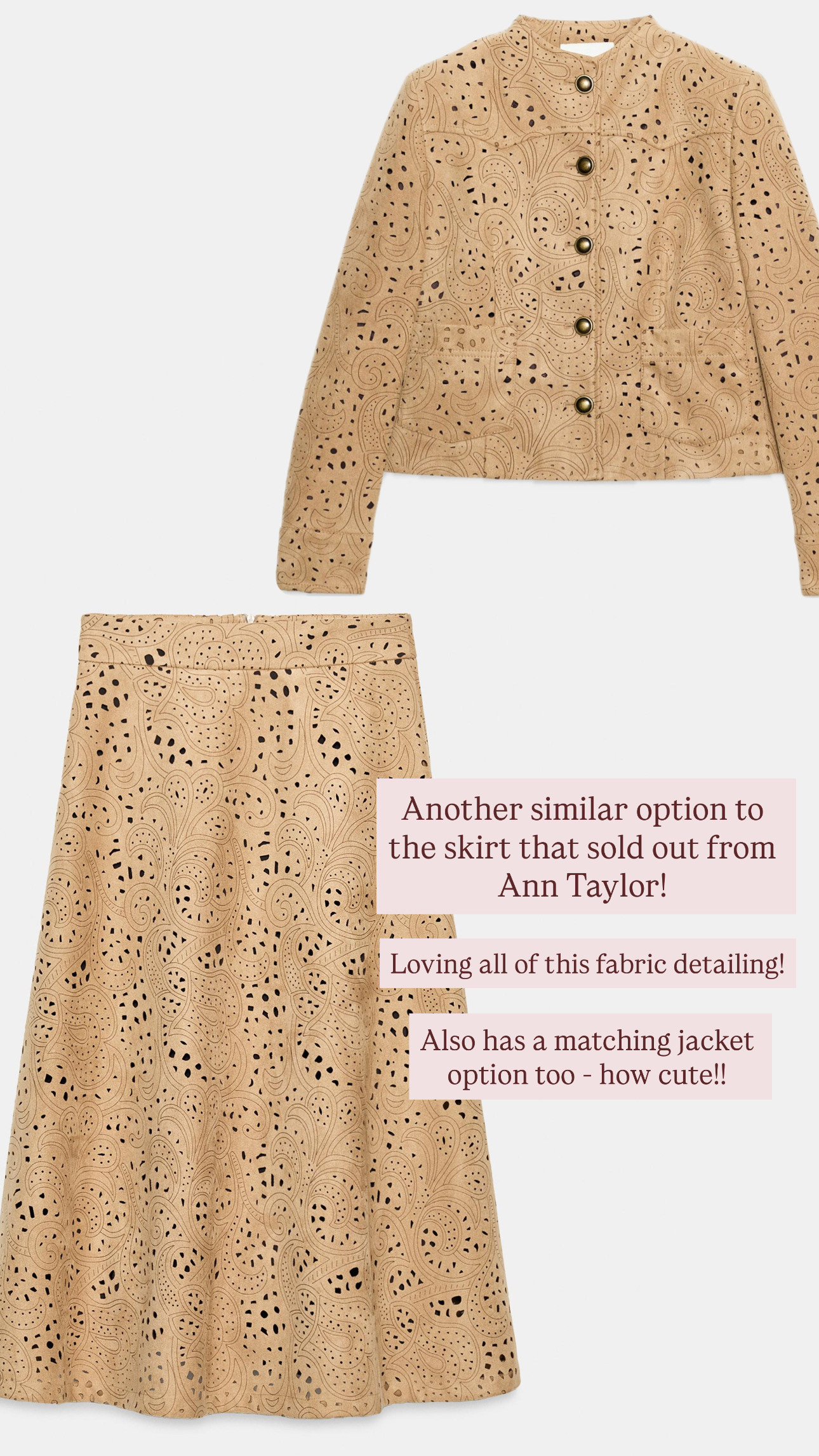 Love love this Zara faux suede matching set! The texture, cutwork, and pattern combo is super unique and chic- so good for fall.

Loverly grey, ann taylor finds, suede fashion, fall outfit inspo, matching midi skirt set 

 #LTKSeasonal