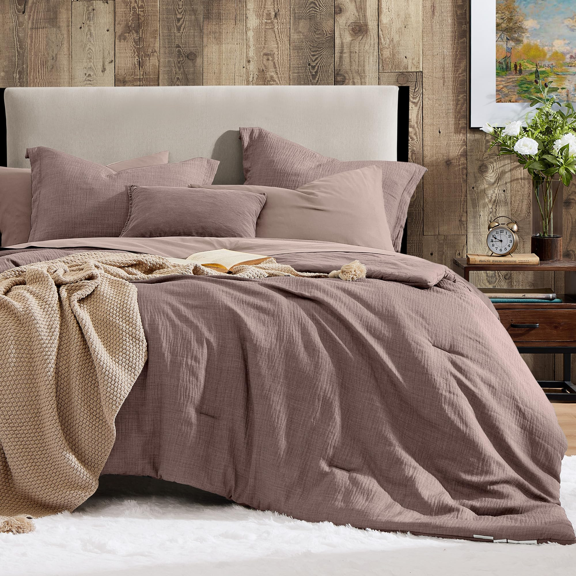 Geniospin Full Comforter Set - 7 Pieces Comforter Full Size, Solid Bedding Sets for All Season, Textured Bed in a Bag with Sheets, Pillowcases and Shams (Misty Rose, 80''x90'') | Amazon (US)