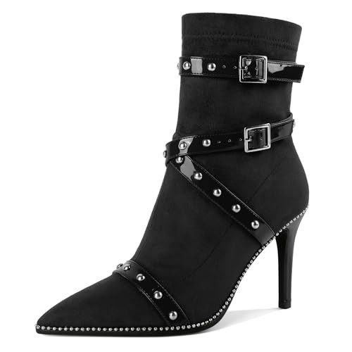 Joseywade Womens Black Boots Ankle Boots High Stiletto Boots Short Ankle Booties 3.7 Inch Beaded Studded Straps Pointed Toe High Block Black Boots Size 8.5 | Amazon (US)