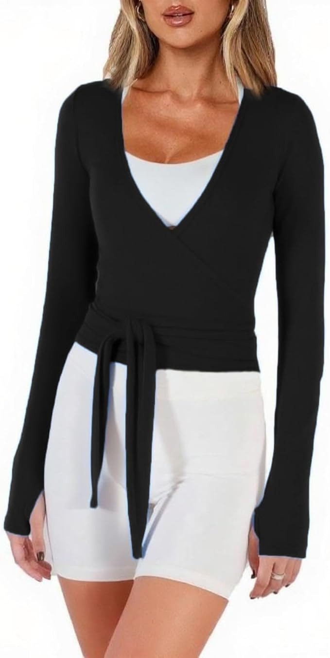 Women Crop Wrap Top Thumb Hole Long Sleeve Active Self Tie Workout Shirt Ballet Pilates Yoga Wrap... | Amazon (US)