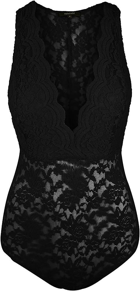 makeitmint Women's Floral Lace Low V-Neck Sleeveless Bodysuit w/Snap Buttons | Amazon (US)