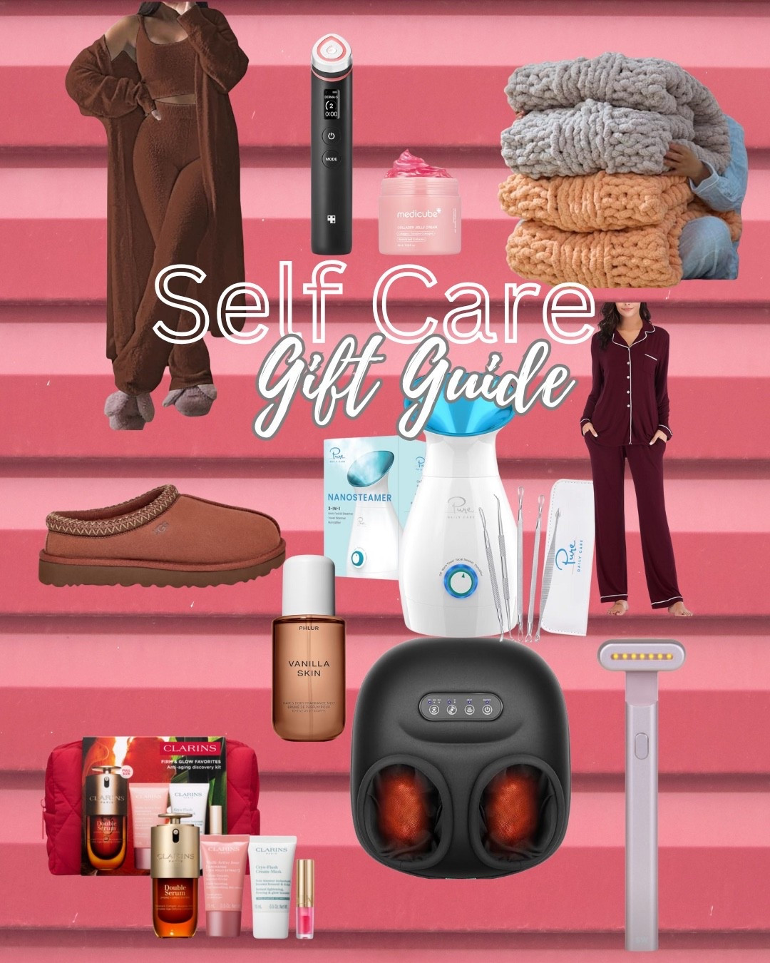 Favorite self-care products for her: cozy pajamas, Ugg slippers, cozy blanket, Solawave red light therapy want, heated foot massager, facial steamer, glowing skin favorites

#LTKSeasonal #LTKHoliday #LTKGiftGuide