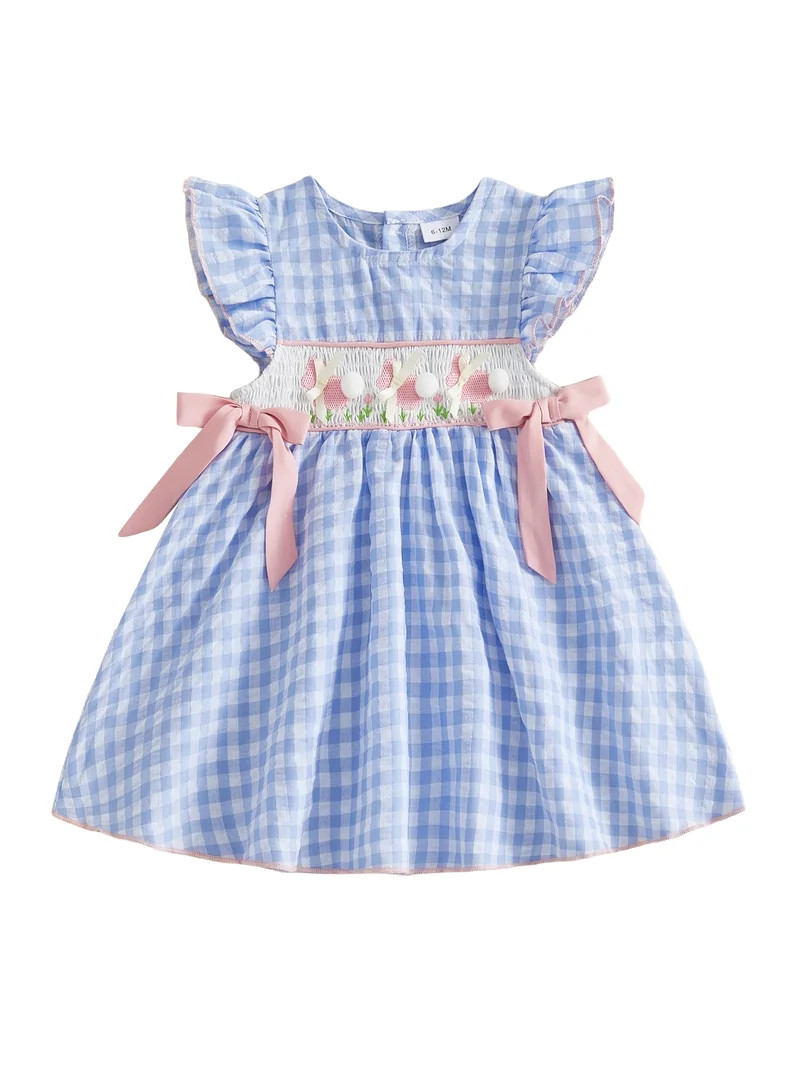 Toddler Baby Girl Easter Outfit Rabbit Embroidery Fly Sleeve Crewneck Smocked Dresses Bowknot Pla... | Walmart (US)