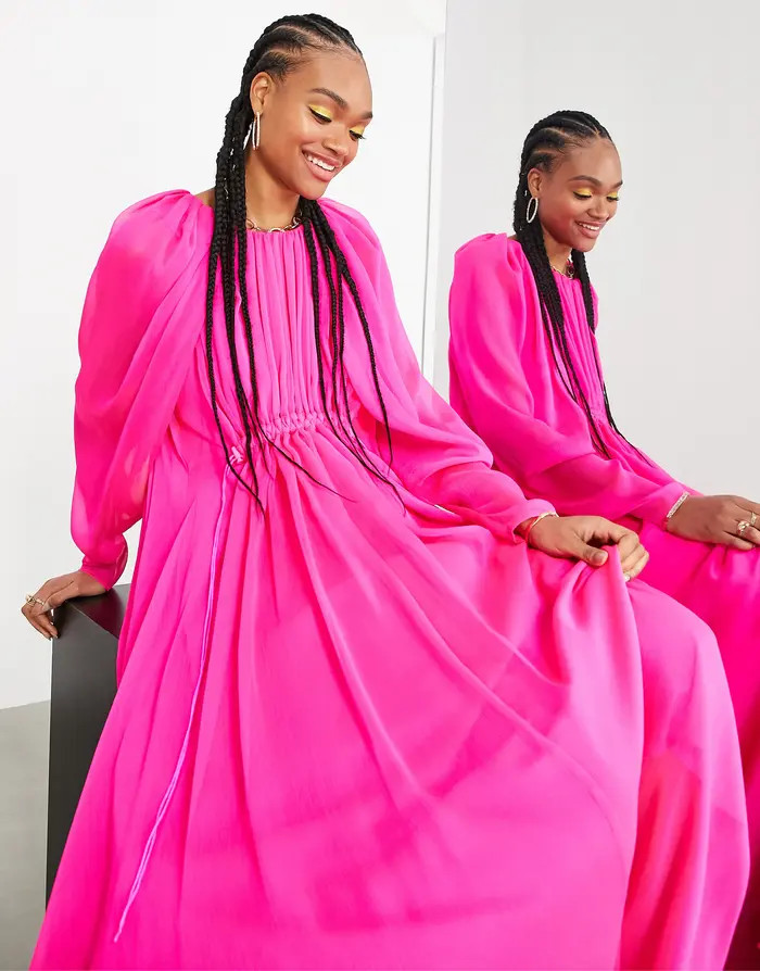 ASOS DESIGN Ruched Balloon Sleeve Chiffon Dress | Nordstrom | Nordstrom