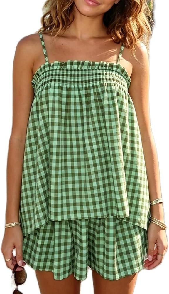 Women\u2018s Gingham Pajama Set Babydoll Tank Top Matching Plaid Shorts Y2k Sleepwear Two Piece L... | Amazon (US)