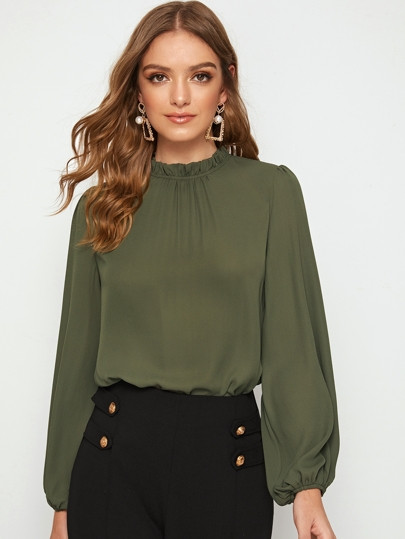 SHEIN Frill Neck Lantern Sleeve Top | SHEIN