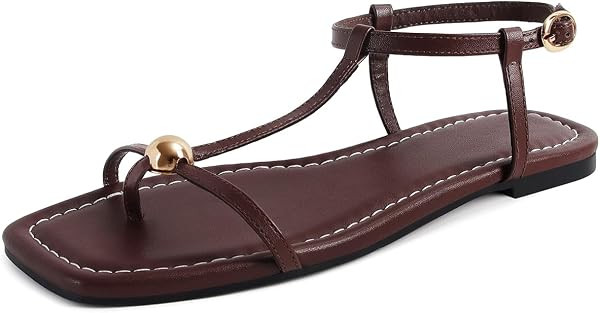 SOVANYOU Women's Flat Strappy Sandals Comfortable Summer Beach Sandals With Ankle Straps Square O... | Amazon (US)