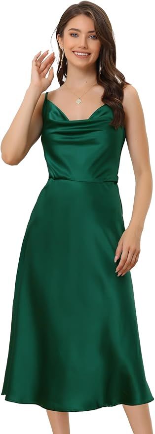Allegra K Spaghetti Strap Satin Dress for Women's Cowl Neck Cocktail Sleeveless Dresses | Amazon (US)