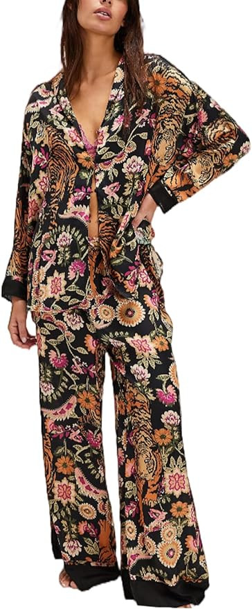 LILTWIST Silk Satin Pajamas Set for Women 2 Piece Floral Pjs Wide Leg Lounge Pants Set Long Sleev... | Amazon (US)