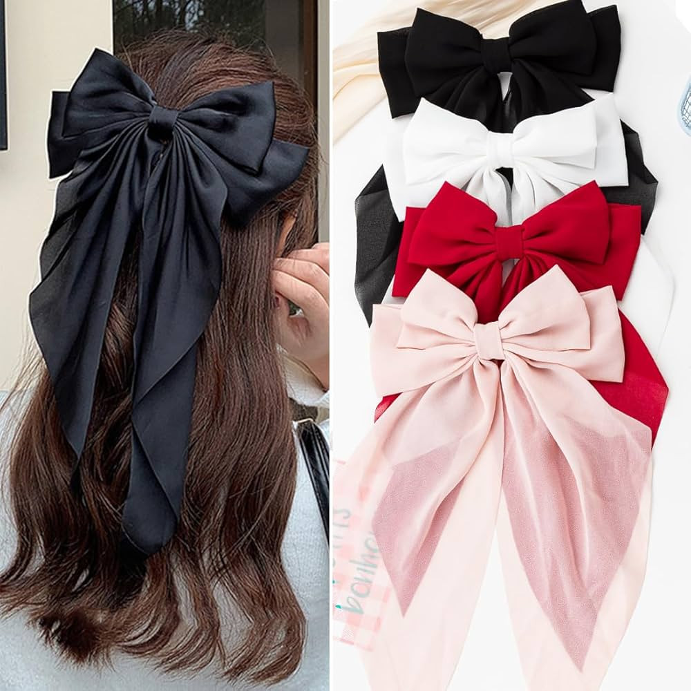Hair Accessories - 4 PCS Oversized Ribbon Bows with Long Tails, Cute Aesthetic Large Barrettes fo... | Amazon (US)