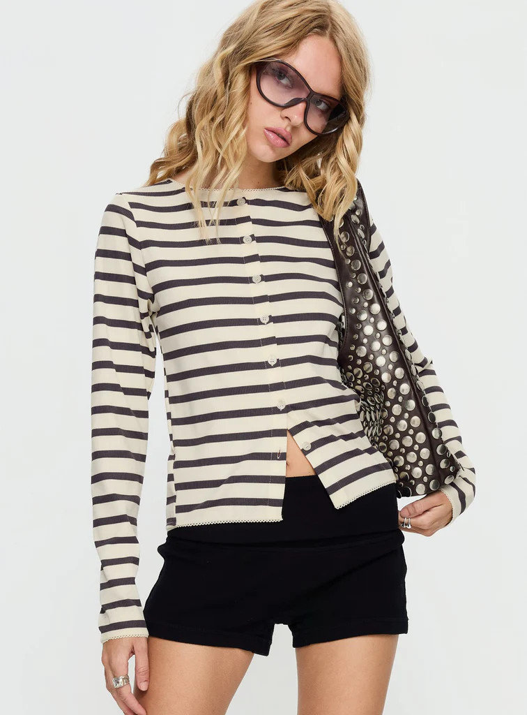Marvella Button Up Long sleeve Top Dark Grey / Cream Stripe | Princess Polly US