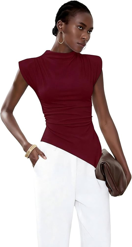 SweatyRocks Women's Asymmetrical Ruched Top Shoulder Pad Fitted Mock Neck Shirts Summer Going Out... | Amazon (US)