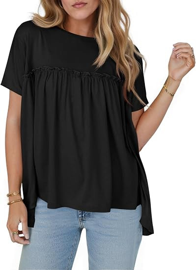 Cicy Bell Women Summer Babydoll Tops Pleated Short Sleeve Crew Neck Peplum Blouse Casual Loose Fi... | Amazon (US)