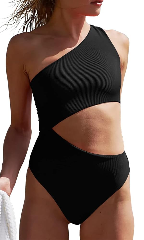 Women's One Piece Ribbed Swimsuit One Shoulder Cutout Swimwear Sexy Bathing Suit | Amazon (US)