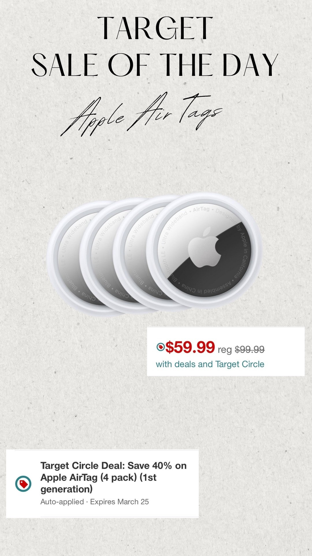 Target sale item of the day @Target  🎯 
Apple air tags 4 pack for 40% off 
