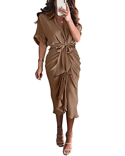 BTFBM Women Button Down Ruched Shirt Dresses Satin Short Sleeve Lapel V Neck Summer Maxi Dress 2025 Party Wedding Guest(Dark Khaki, Large) | Amazon (US)