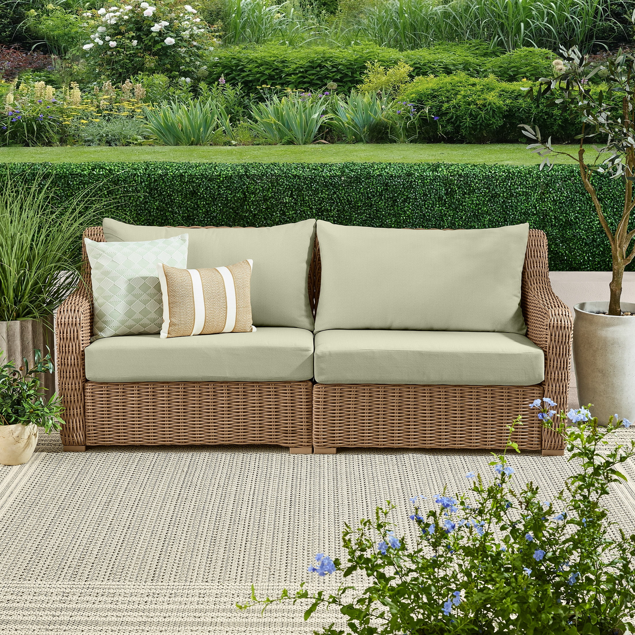 Better Homes & Gardens Bellamy Outdoor 1pc Sofa, Tan Wicker/Green Cushion | Walmart (US)