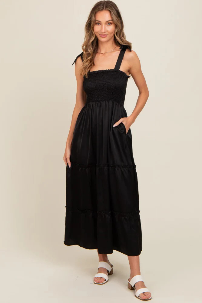 Black Satin Smocked Maxi Dress | PinkBlush Maternity