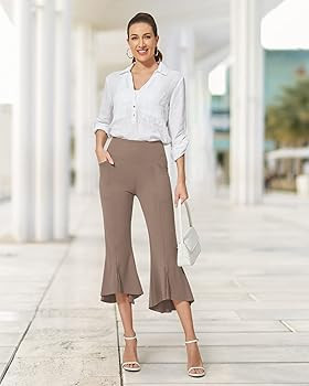 G4Free Capri Pants for Women Stretch Yoga Dress Pants with Pockets Ruffle Bell Bottom Athletic Wo... | Amazon (US)
