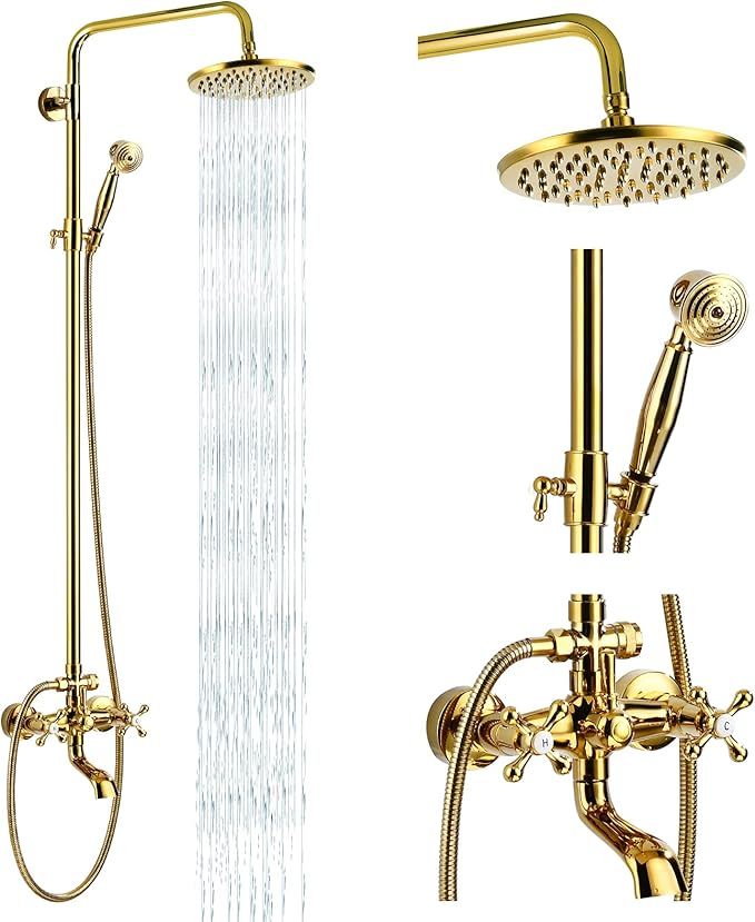 Exposed Shower Faucet Set 8 Rain Shower 2 Double Knobs Handle Gold Polish Triple Function Tub Spo... | Amazon (US)