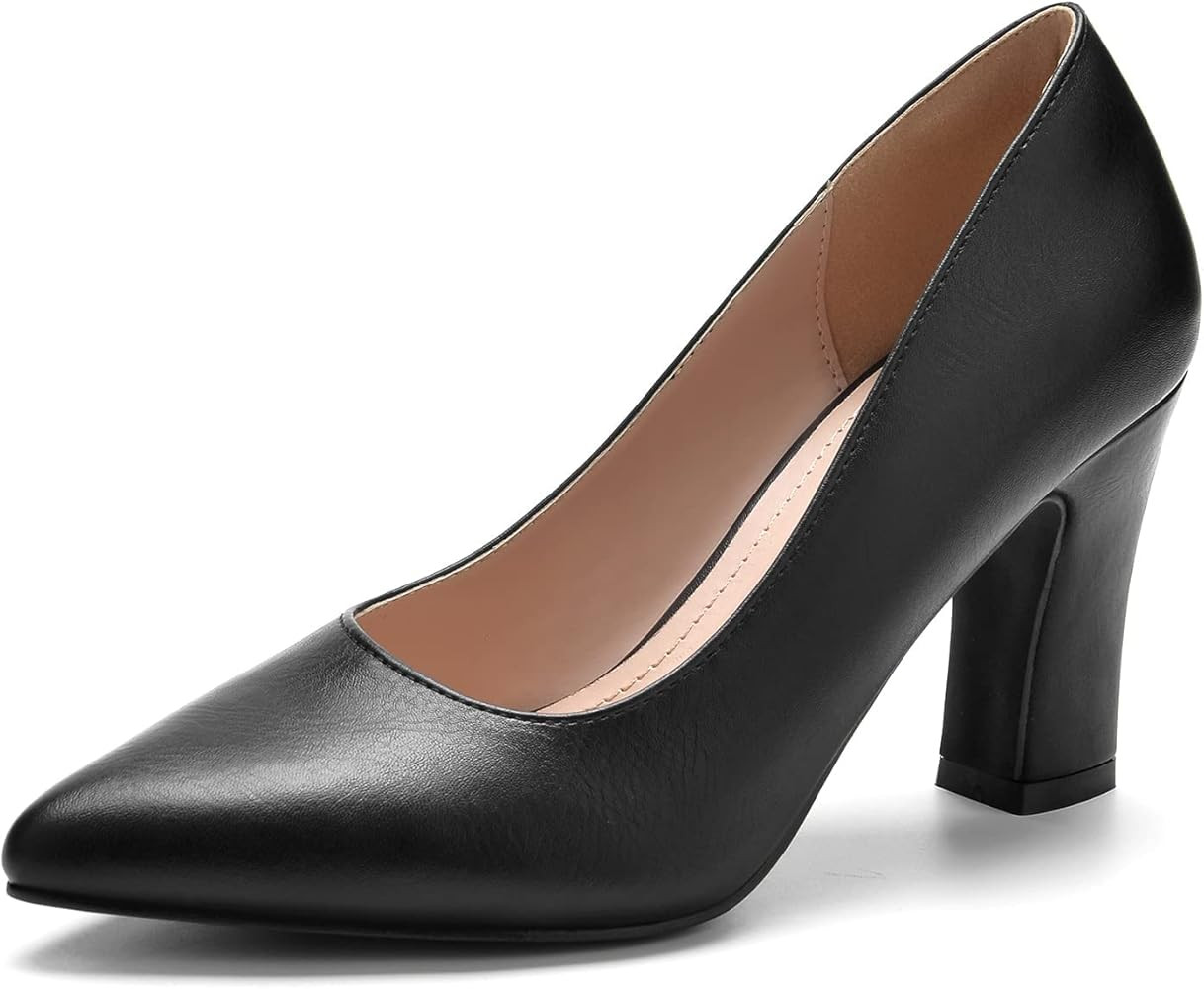 BUEUPU Women's Chunky High Heels Closed Pointed Toe Pumps Dress Office Shoes for Women | Amazon (US)