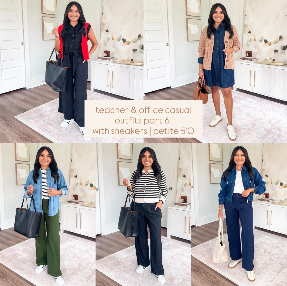 Teacher & Office Casual Outfits Part 6 - with Sneakers
For reference: I’m 5’0, 32b bra size, and 2/26 in bottoms, pear shaped. 
*Everything I share is unaltered! TTS means true to size.

Black jumpsuit size xs petite TTS
Red cardigan size xs petite TTS
Black and white sneakers size 5.5 / 6.5 TTS

Camel cable knit cardigan size xs petite TTS
Denim dress size xs petite TTS
Sneakers size 6 TTS - color ecru mesh 

Denim button down shirt size xxs petite TTS - roomy fit so went with the xxs
Black stripe tee size xxs regular TTS
Olive green pants size 26 petite TTS
Black and white sneakers size 5.5 / 6.5 TTS


Black stripe cardigan size xs TTS
Black pants size xs petite TTS
Black and white sneakers size 5.5 / 6.5 TTS

Denim jacket size xs petite TTS
White tank size xs petite TTS
Blue pants size 2 petite TTS
Sneakers size 6 TTS - color ecru mesh 


Teacher outfits
Back to school
Office casual
Smart casual 
Fall outfit ideas
Casual style
Pull on pants
Petite outfits
Summer outfit ideas
Wear to work
Dresses with sneakers 
Travel outfits
Rachel Miranda Blog
Honeysweetpetite
Honey Sweet Petite



#LTKSaleAlert #LTKWorkwear #LTKPetite